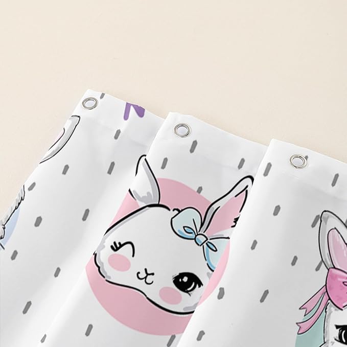 AILONEN Cute Rabbit Shower Curtain, Cartoon Kawaii Bunny Shower Curtain for Bathroom,Modern Minimalist White Waterproof Fabric Shower Curtain Set with Hooks 60" W*72" H