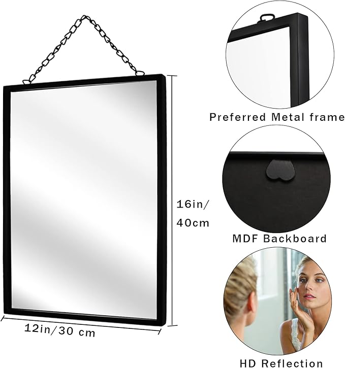 Black Hanging Mirror with Chain, 12 x 16 Inch Rustic Wall Decor for Bathroom, Entry, Dining Room, and Living Room. Metal Rectangle Vanity Mirror, Decorative Mirror.