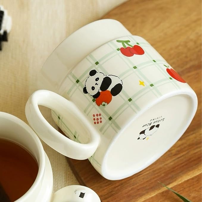 Ceramic Coffee Mug with Lid and Handle 380ml/12.85oz, Cute Cartoon Panda Design, Exquisite and Novelty Gift (Panda with Cherry)