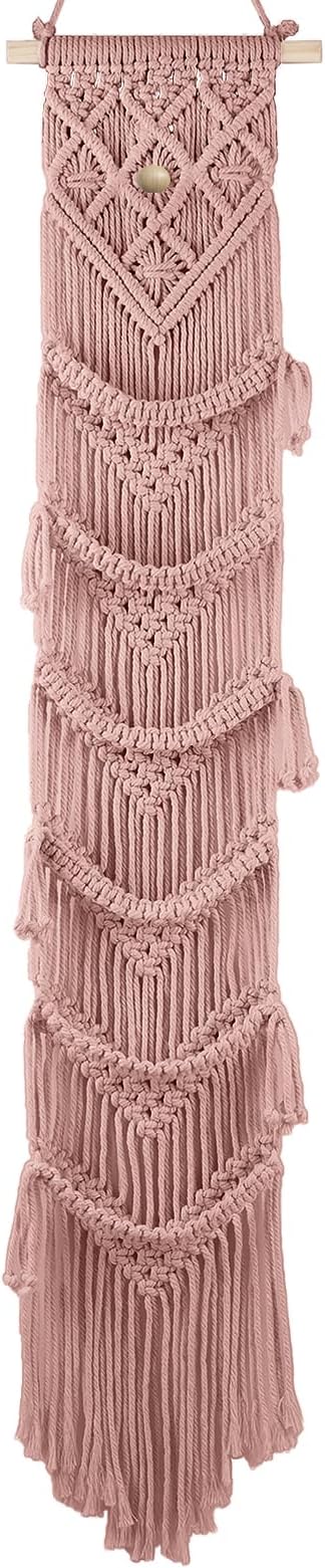 Macrame Cap Holder Boho Hat Hangers Over Door Decorative Bohemian Handmade Ball Cap Rack Organizer Woven Wall Hanging for Baseball Cap Display Decorations (Rose Pink, Up to 12 Caps)