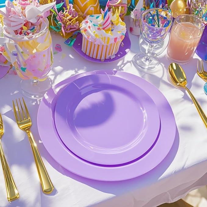 FLOWERCAT 60PCS Easter Plates - Purple Plastic Plates - Heavy Duty Purple Plates Disposable for Easter Party/Wedding - Include 30PCS 10.25" Purple Dinner Plates and 30PCS 7.5" Purple Dessert Plates