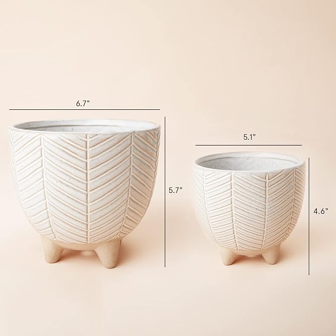 LA JOLIE MUSE Ceramic Footed Flower Plant Pots - 6.7 + 5.1 Inch Boho Decor Indoor Planters with Drainage, Home Decor Gift, Beige