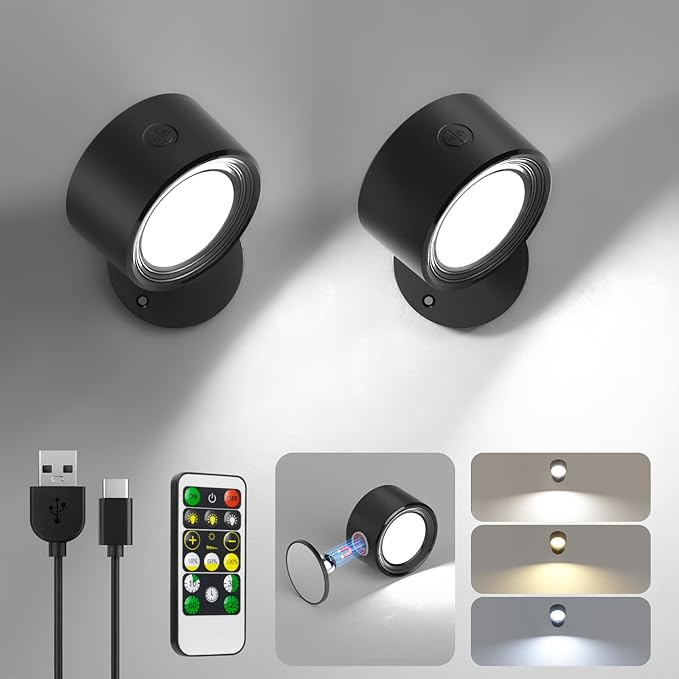 LED Wall Mounted Lights 2 Pcs with Remote, Wall Sconces Lamp 3000mAh Rechargeable Battery Operated, 3 Color Temperatures & Dimmable Magnetic 360° Rotation Cordless Light for Bedroom Bedside