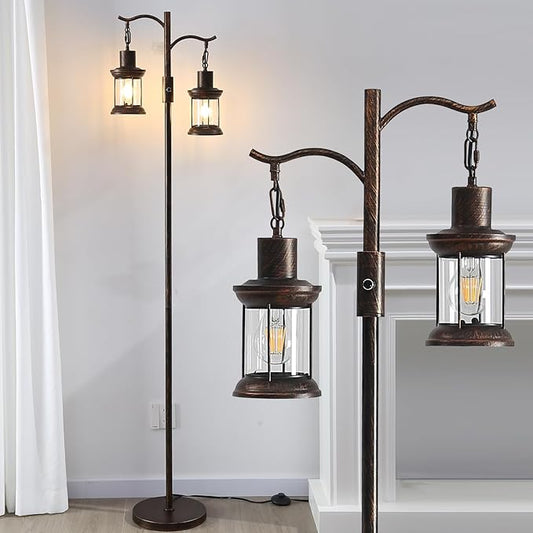Vintage Dimmable Floor Lamp,2 Classical Lanterns Standing Lamp, Rustic Farmhouse Floor Lamp with Copper Black Finish, for Living Room (Red Copper)