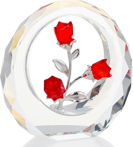 Crystal Red Rose Bouquet Figurines Glass Flowers with Stems Valentines Anniversary Rose Gifts for Girlfriend Wife, Red Crystal Rose in Glass Ring Collectible Figurines Forever Roses Decor