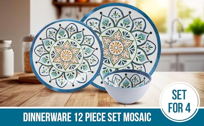Melamine Dinnerware Sets, Service for 4. Unbreakable Dishes. Scratch Resistant Melamine Ware. Plates and Bowls. Dishwasher Safe Platos De Melamina Mosaic Design. Beautifully Packaged Gift Box