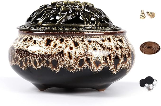 Ceramic Incense Burner with Incense Stick Holder + Insulation use for Stick or Coil Incense, Sage Cones and Frankincense (Fambe Gray)