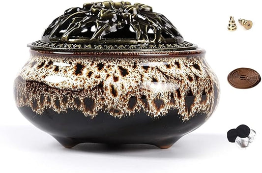 Ceramic Incense Burner with Incense Stick Holder + Insulation use for Stick or Coil Incense, Sage Cones and Frankincense (Fambe Gray)
