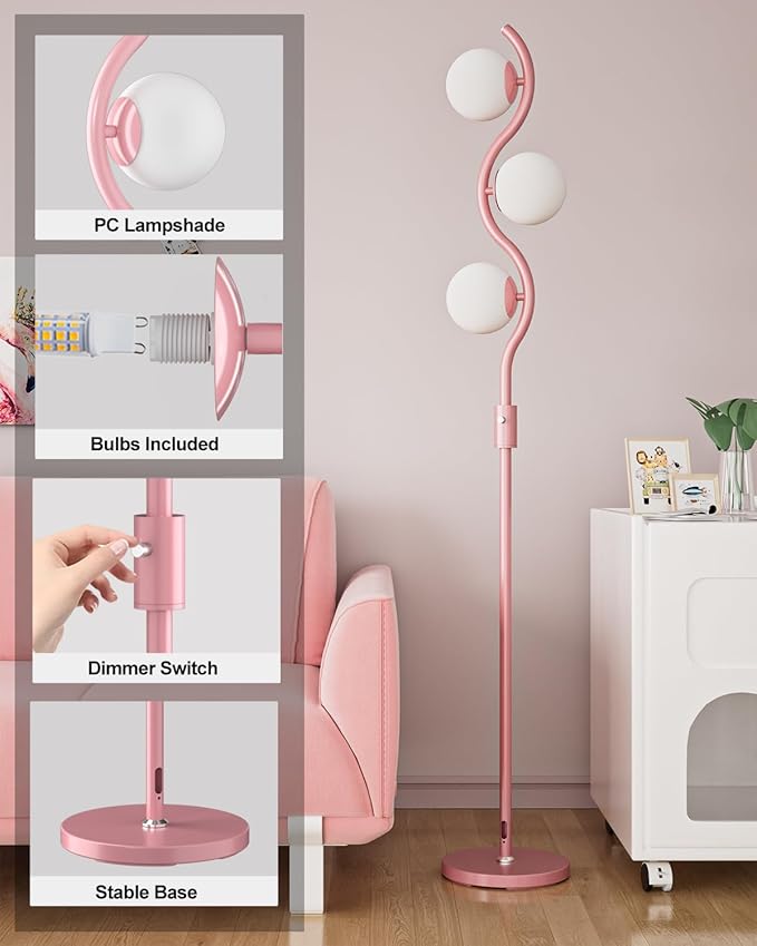 60IN Dimmable (Brightness Adjustable) Pink Floor Lamp, Modern Standing Lamps with 3 Globe Soft Warm White 3000K Bulbs, Mid Century Floor Lamp for Living Room Bedroom Home Decor