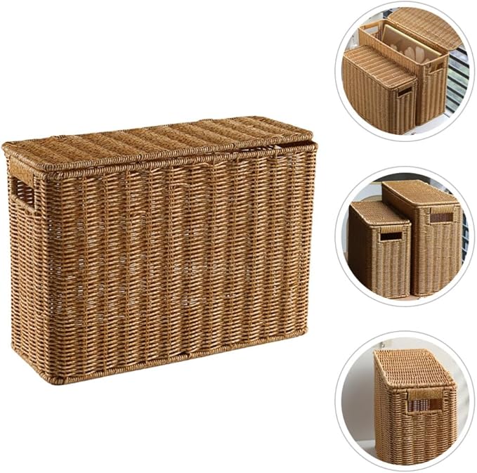 jojofuny Wicker Storage Baskets with Lids, Rattan Magazine Holder, Weave Sundries Basket, Woven Storage Container, for Storage, Living Room, Toy Organizing
