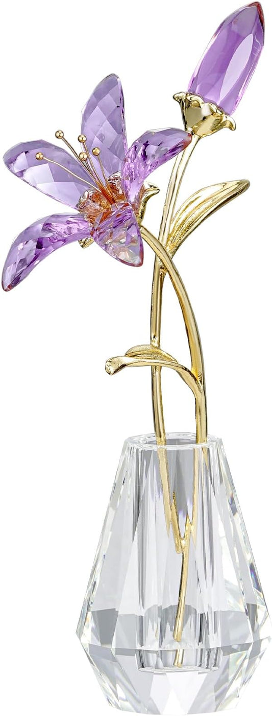 Crystal Lily Figurine, Glass Flowers with Stem,Flower Collectible Gifts for Woman, Wedding Party Decor(Purple)