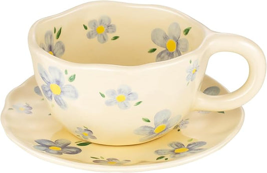 Cappuccino Cups with Saucers 8 oz Latte Art Cup Ceramics Coffee Mugs Irregular Aesthetic Flower Cups for Espresso, Double Shot, Americano, Latte, Tea - Microwave and Dishwasher Safe (Blue Flowers)