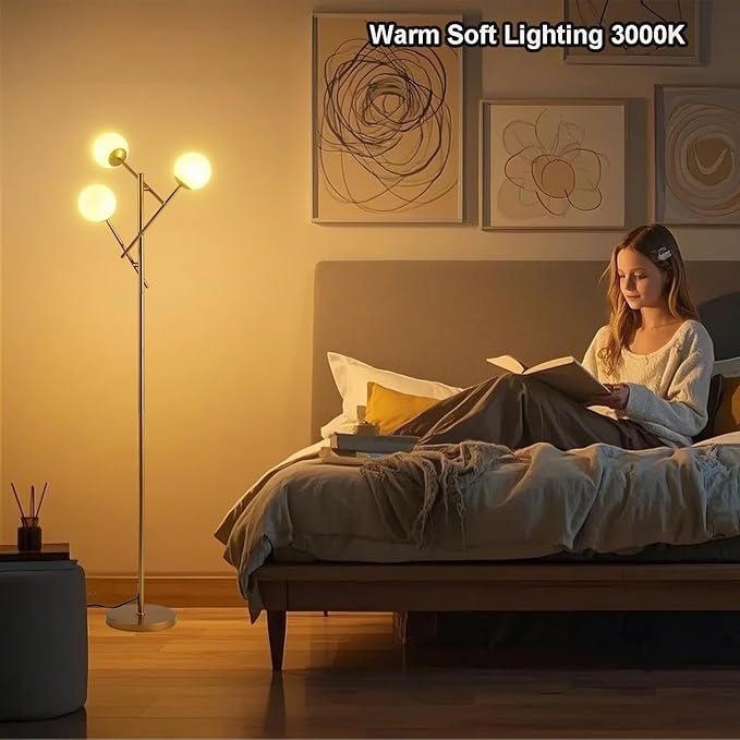 Fiqevs 3 Globe Floor Lamp with 2700K Warm Light & LED Bulbs Included, Mid Modern Gold Standing Lamp with Adjustable Lampshade, Arc Sputnik Tree Tall Lamp for Living Room, Bedroom - Antique Brass