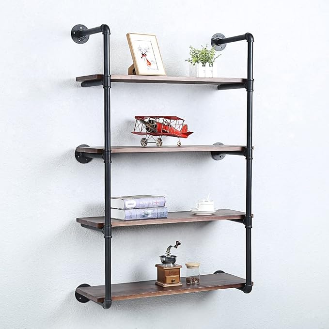 Industrial Pipe Shelving Wall Mounted,30in Rustic Metal Floating Shelves,Steampunk Real Wood Book Shelves,Wall Shelf Unit Bookshelf Hanging Wall Shelves,Farmhouse Kitchen Bar Shelving(4 Tier)