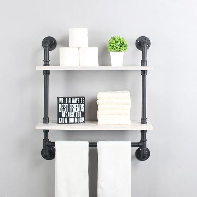 Iron Pipe Shelves Industrial Bathroom Shelves with Towel bar,24in Rustic Metal Pipe Floating Shelves Pipe Wall Shelf,2 Tier Industrial Shelf Wall Mounted,Black & White