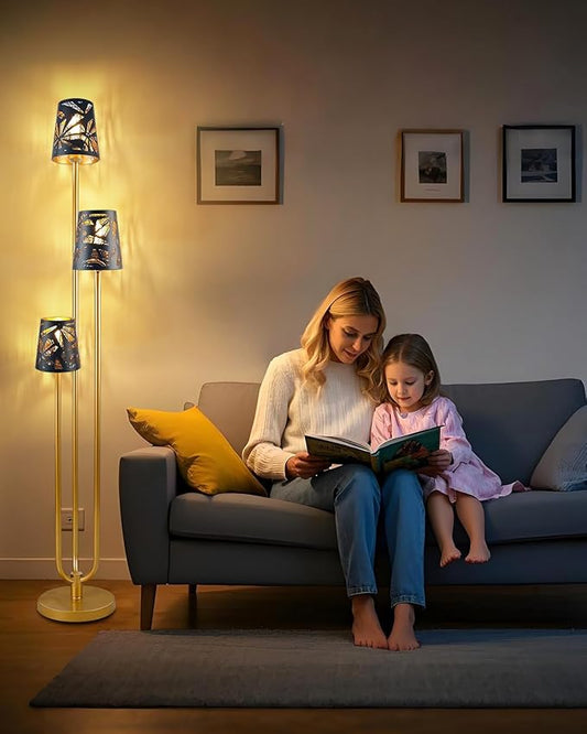 63IN Floor Lamp with Metal Shade, Unique Gold Tall Standing Lamps with 3 Poles, 3000K Warmwhite Mid Century Modern Floor Lamp for Living Room Home Office(Bulbs Included)