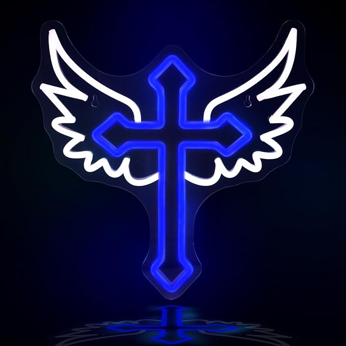 Cross Wings Neon Signs for Wall Decor White Blue LED Light Sign for Preppy Room Decor Light Up Sign for Birthday Party Decoration USB Powered