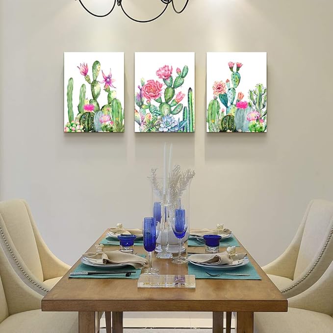 Canvas Wall Art for living room bathroom Wall Decor for bedroom kitchen artwork Canvas Prints green cactus flowers painting 12" x 16" 3 Pieces Modern framed office Home decorations family picture