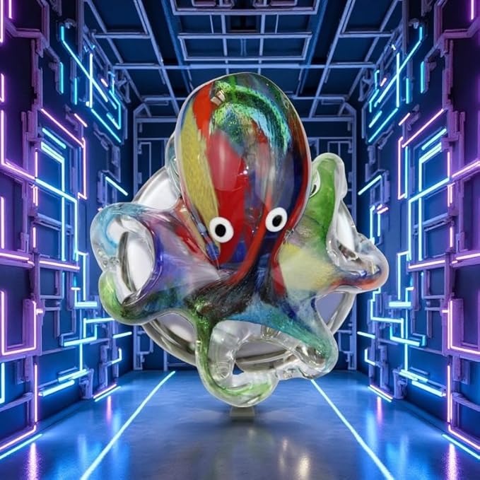 Hand Blown Glass Octopus Figurine with Iridescent Tentacles & Polished Crystal Base, Sea Life Figurines for Decorating Fish Tank Aquariums, Glass Paperweight (Multicolor)