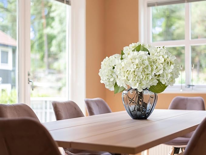 4PCS White Artificial Flowers Hydrangea 20" Real Touch Latex Faux Hydrangeas Silk Flowers with Green Leaves Stems for Short or Tall Vase Table Party Center Fake Bouquet Decor