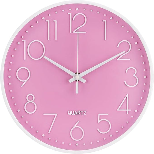 Wall Clock Non-Ticking Silent Modern Simple Style Round Decor Clock Stereoscopic Dial Quartz Wall Clocks for Home/Office/School/Living Room/Bedroom/Kitchen (Pink, 8inch)