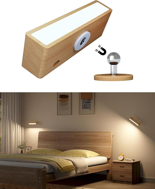 Wall Lights Battery Operated Wooden,Magnetic Wall Sconces Rechargeable,Adhesive Wall Lights for Bedroom,Dimmable Wall Mounted Bedside Lamp,Cordless Battery Wall Sconce for Bedroom Reading