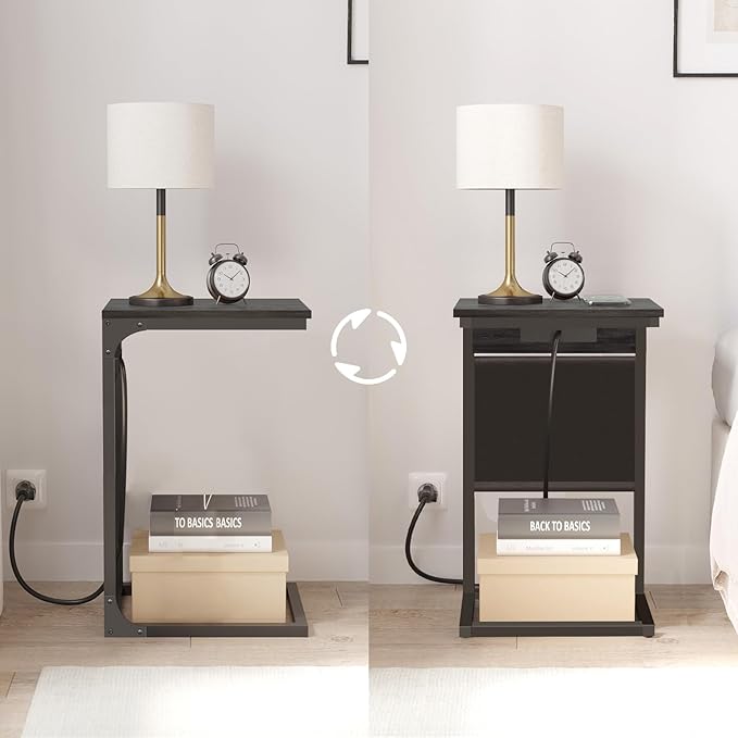 TUTOTAK C Shaped End Table with Charging Station, Side Table for Sofa, Couch Table with Storage Bag, Set of 2, TV Tray Table with 2 USB Ports and Outlets for Living Room, Bedroom, TB01BY0242