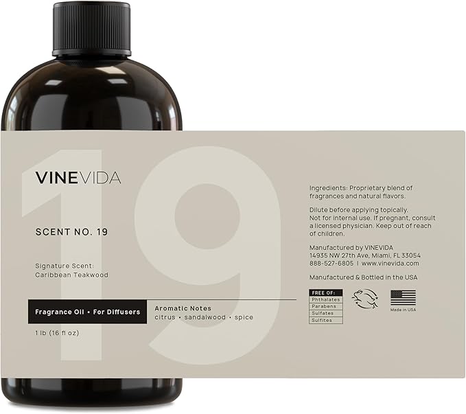 VINEVIDA [16 Fl Oz] Caribbean Teakwood Fragrance Oil for Cold Air Diffusers, Essential Oils for Diffuser Oil Refill & Air Freshener Room Spray
