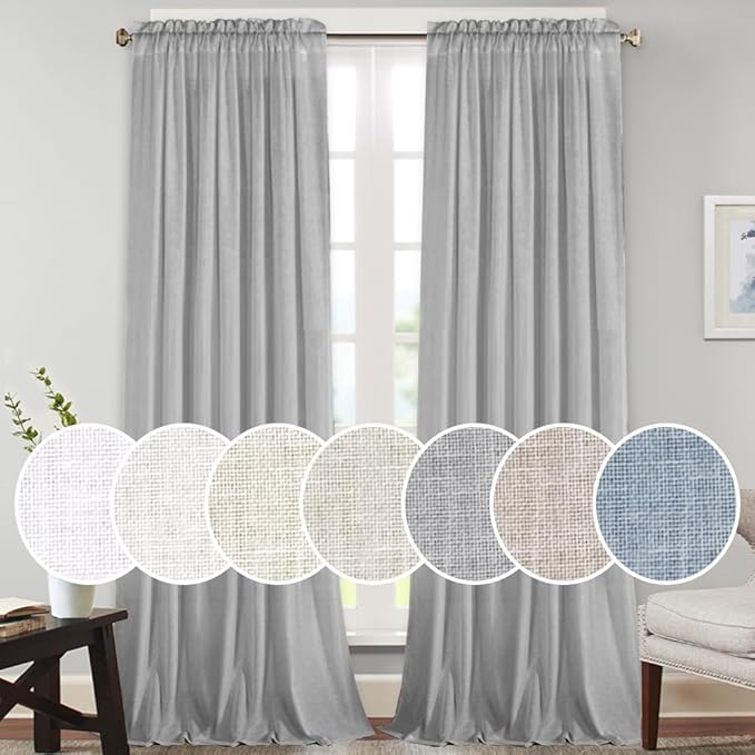 PrinceDeco Linen Burlap Curtains 108" Long for Windows, Rod Pocket Light Filtering Linen Blend Window Treatments for Bedroom/Living Room, W52 x L108, Set of 2, Dove Grey