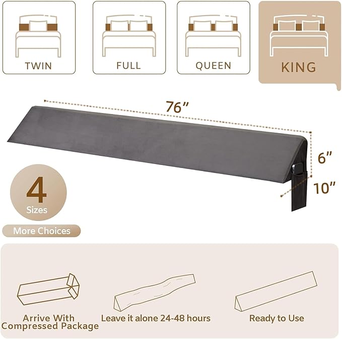 King Bed Wedge Pillow for Headboard, Foam Headboard Pillow, Bed Gap Filler, Mattress Gap Filler King - Fill The Gap (0-7") Between Headboard and Mattress (Short Plush, 76"x10"x6")