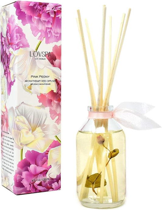 LOVSPA Pink Peony Reed Diffuser Scented Stick Gift Set with Essential Oils and Real Flower Petals in The Bottle, Made in The USA