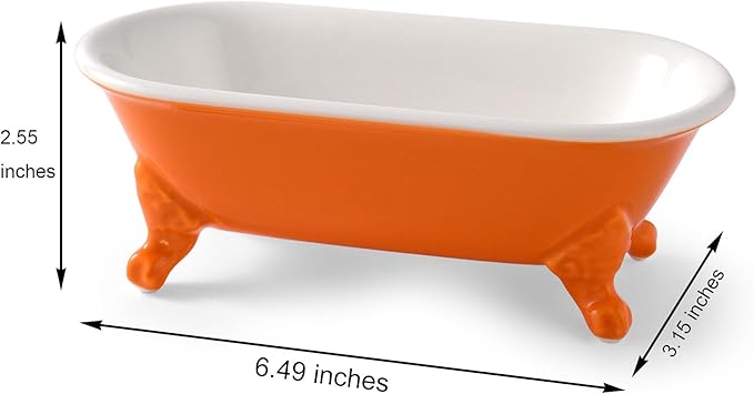 6.5" Ceramic Mini Decorative Clawfoot Bathtub Bar Soap Dish, Kitchen Sponge Holder and Shower Tray for Bathroom, 1 Pack(Tangerine)