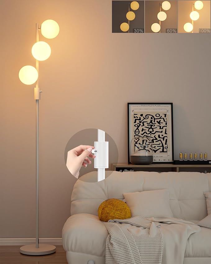 64IN Dimmable White Floor Lamp, Tall Standing Lamps with 3 Globe Soft Warm White Eye Care 3000K G9 Bulbs, Mid Century Modern Floor Lamp for Bedroom Office