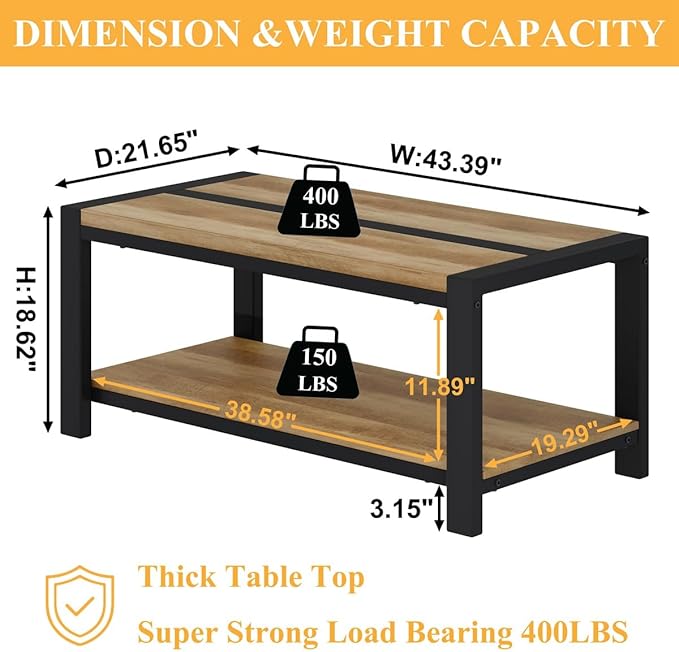 BON AUGURE Wood Coffee Table, Rectangle Coffee Tables for Living Room, Farmhouse Living Room Center Tables, Low Cocktail Tea Table with Rounded Corner (Vintage Oak, 43 Inch)