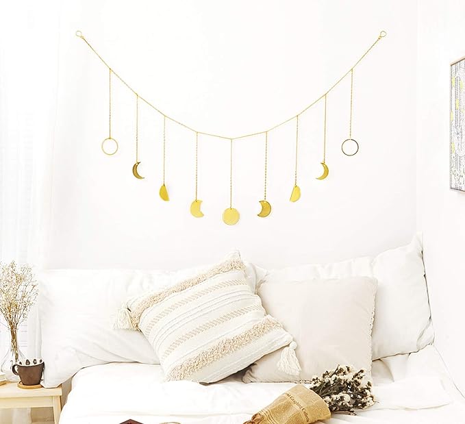 Mkono Macrame Hanging Shelves and Moon Phase Wall Hanging Boho Wall Decor for Bedroom Bathroom Living Room Nursery Dorm Room, Set of 3