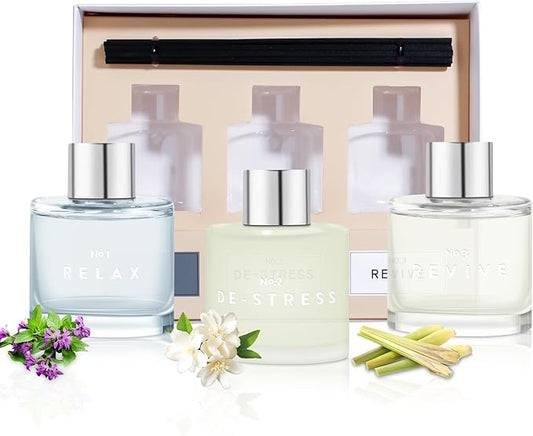 3 Pack Fragrance Reed Diffuser, 50ML Patchouli Jasmine Lemongrass Aromatherapy Diffuser Set with 12 Black Fiber Sticks,Air Freshener for Bedroom Bathroom Office