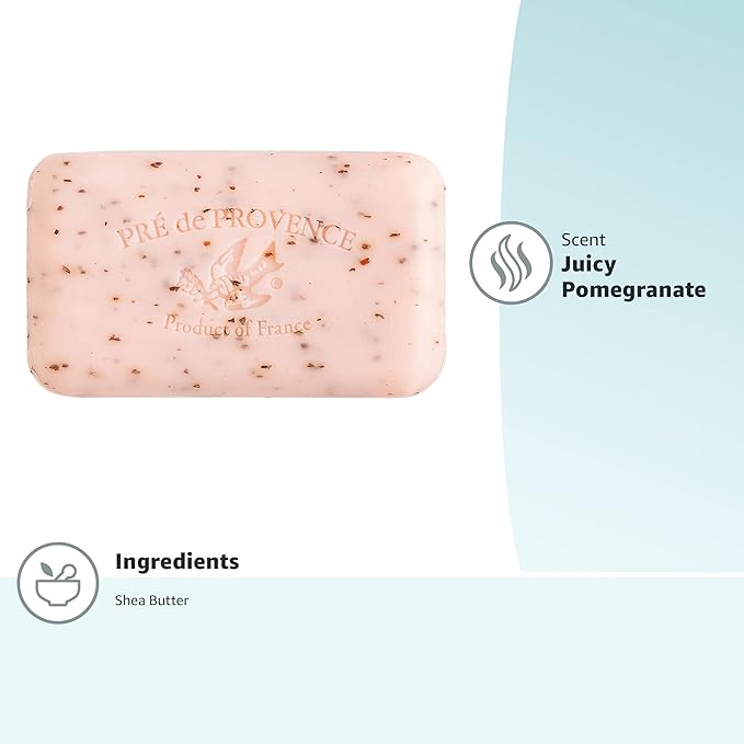 Pre de Provence Artisanal Soap Bar, Natural French Skincare, Enriched with Organic Shea Butter, Quad Milled for Rich, Smooth & Moisturizing Lather, Juicy Pomegranate, 5.3 Ounce
