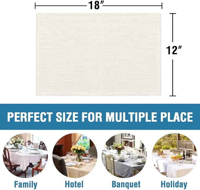 H.VERSAILTEX Linen Placemats Set of 6 Premium Solid Table Placemats for Dining Table Spill-Proof Waterproof Table Mats Heat-Resistant Kitchen Table Mats Washable, 12x18 inches, Ivory
