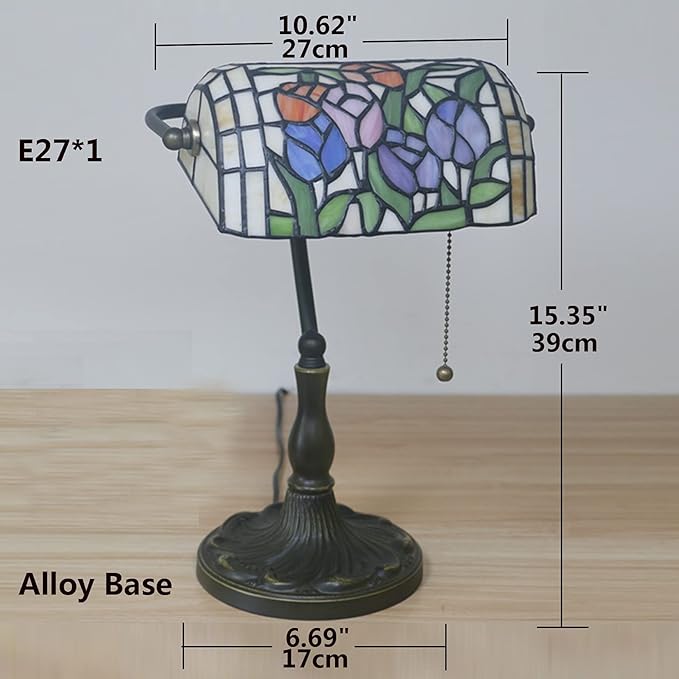 Tiffany Style Bankers Table Lamp Stained Glass Piano Desk Lamp Vintage Bedroom Bedside Lamp for Study,Antique Alloy Base,Zipper Switch,Tulip