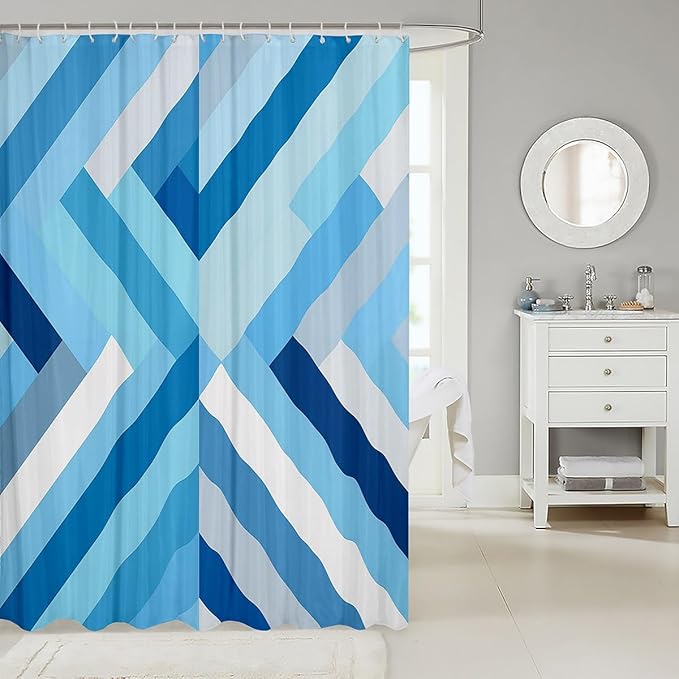 Feelyou Blue Stripe Fabric Shower Curtain Geometric Bathroom Waterproof Accessories with 12 Hooks for Kids Teens Adults Stripe Line Shower Curtain Simple Modern Curtains,72x84 Inches