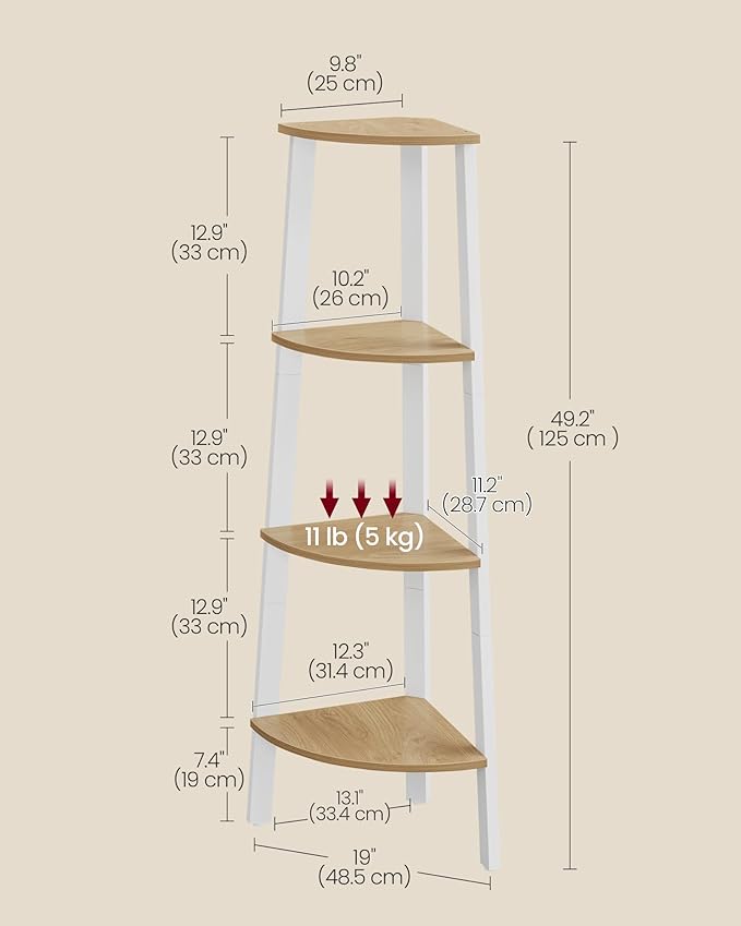 VASAGLE Corner Shelf Stand, 4-Tier Corner Bookshelf, Industrial Ladder Shelf, Plant Stand for Living Room, Office, Kitchen, Natural Oak and Matte White ULLS034Y70
