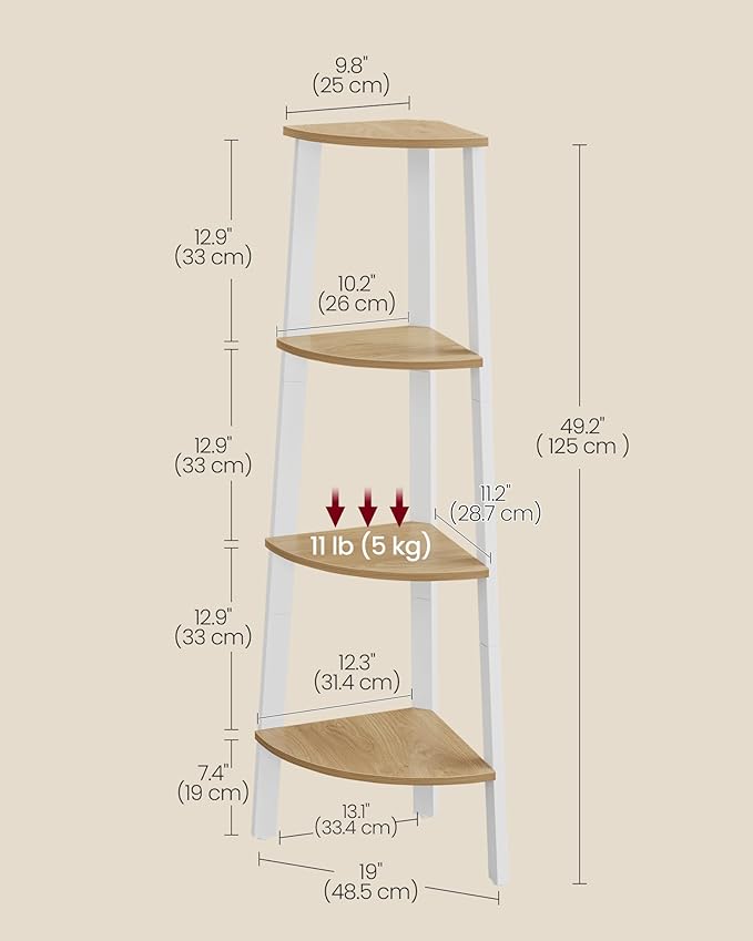 VASAGLE Corner Shelf Stand, 4-Tier Corner Bookshelf, Industrial Ladder Shelf, Plant Stand for Living Room, Office, Kitchen, Natural Oak and Matte White ULLS034Y70
