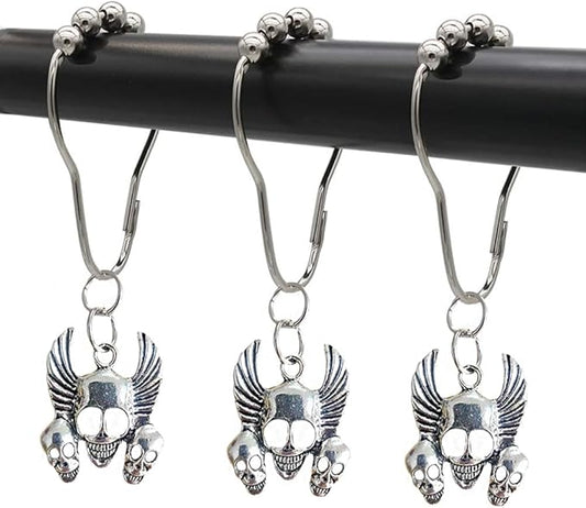 Gothic Shower Curtain Hooks Rings - Skull Decorative Shower Curtain Hooks - Rustproof Stainless Steel Shower Hooks with Halloween Gothic Bathroom Decor Set of 12