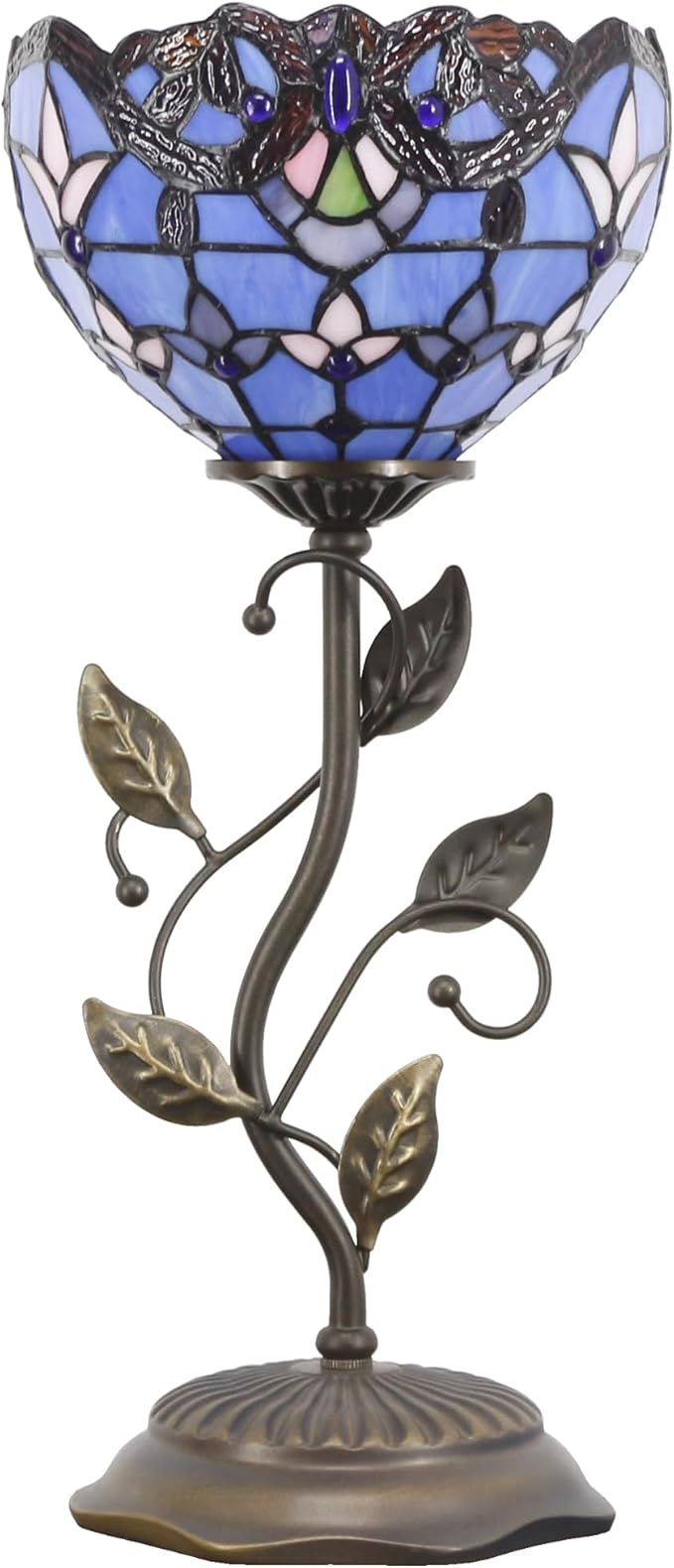 Small Tiffany Lamp Stained Glass Table Lamp Uplight Accent Lamp with Metal Leaf Base Blue Baroque Style Desk Light 8X19 Inch for Home Office Living Room Bedroom