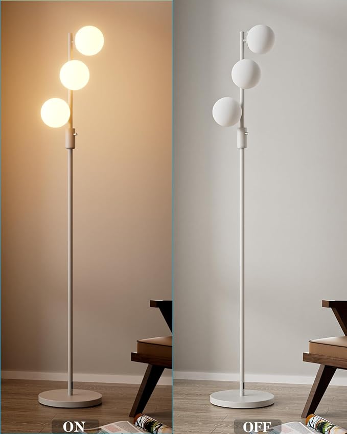64IN Dimmable White Floor Lamp, Tall Standing Lamps with 3 Globe Soft Warm White Eye Care 3000K G9 Bulbs, Mid Century Modern Floor Lamp for Bedroom Office