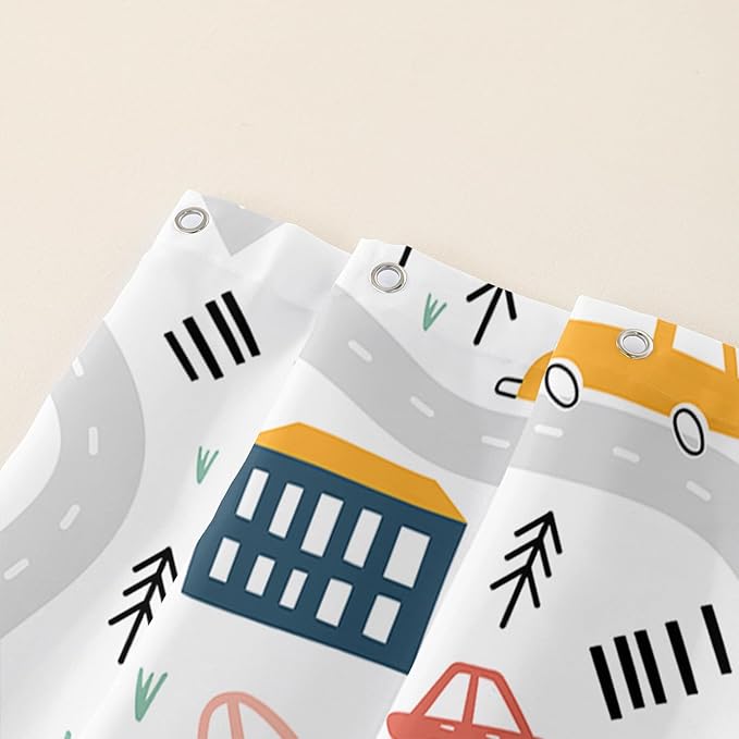 AILONEN Construction Truck Shower Curtain, Kids Cartoon Train Vehicle Tractor Cars Bath Curtain for Boys,White Road Map Bathroom Decor Waterproof Fabric 72" W*78" H Inch with 12 Plastic Hooks