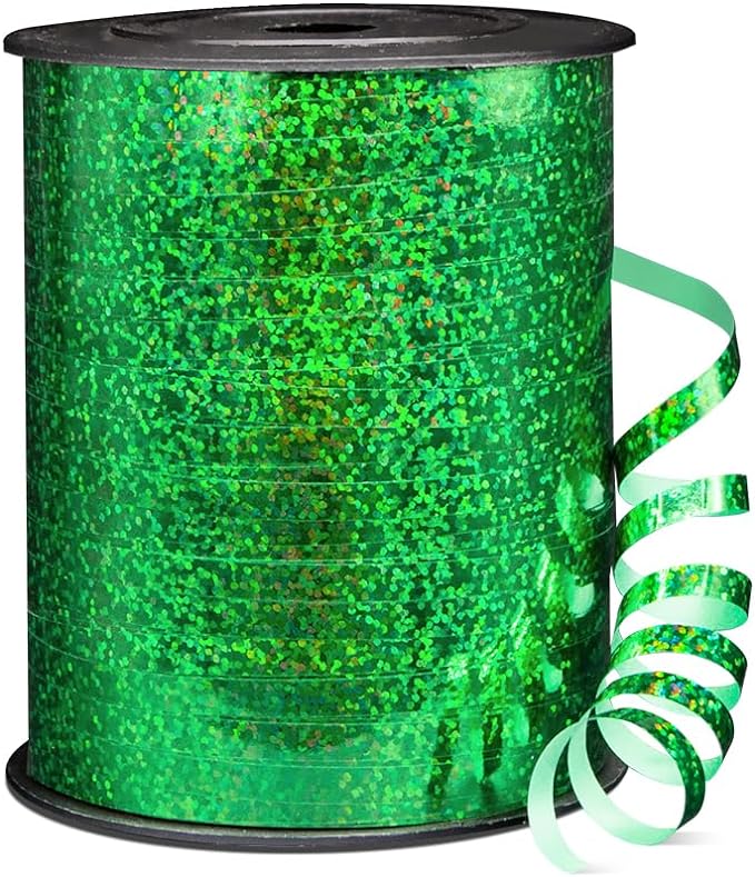 500 Yards Shiny Metallic Curling Ribbon with Spool, 1/5" Holographic Curly Ribbons - Perfect for Gift Wrapping, Florist Flowers, Birthday Party Decorations, Balloon String Ribbon in Green