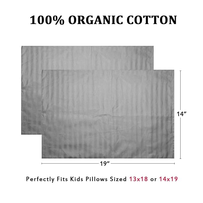 Toddler Pillowcases Set of 2, Hypoallergenic 14x19 Pillow Cover Fits Pillows Sized 13x18 or 14x19, 100% Soft Cotton Envelope Closure Kids Pillowcase for Sleeping, Machine Washable, Grey Stripe