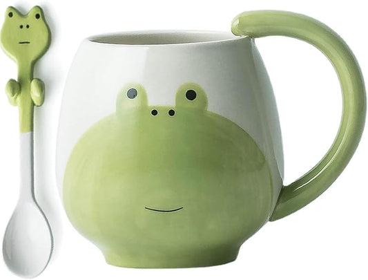 12 oz/330ML Frog Mug,Good Omen Coffee Cup Mugs, Hand-Painted Lovely Ceramic Coffee Mug with Aniaml Teaspoon,Novelty Funny Mug Christmas Birthday Gifts