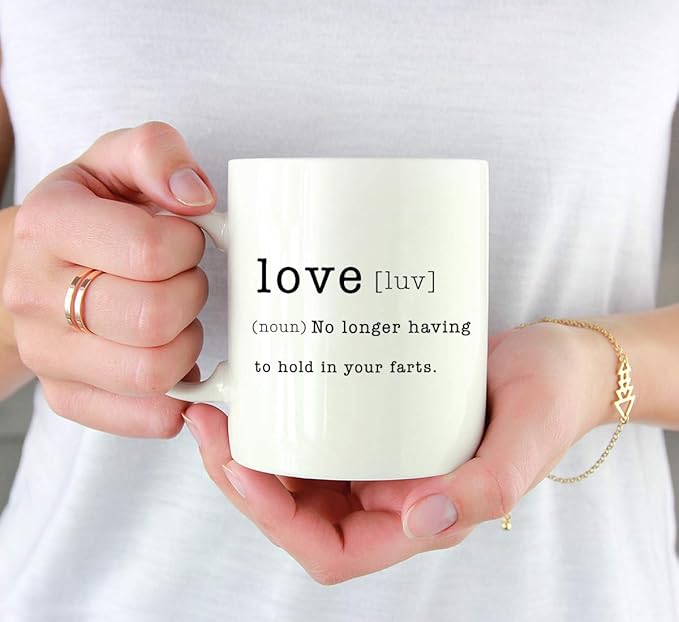 Andaz Press Valentine’s Day Funny 11oz. His Her Couples Coffee Mug Gift, Love [ Luv ] (noun) No Longer Having To Hold In Your Farts., 1-Pack, Gift Box